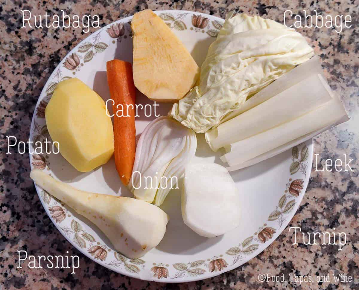 A plate with raw vegetables—rutabaga, cabbage, potato, carrot, onion, leek, parsnip, and turnip—each labeled with text; perfect for preparing classic dishes like arroz al horno.